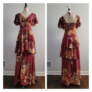 Lulus Midnight Moody Burgundy Tiered Maxi Dress